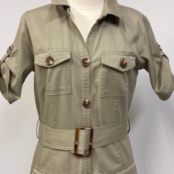 Du Jour Shirt Dress Khaki/Olive Button Down Utility hunger games Y2K Size 8P - Picture 2 of 16
